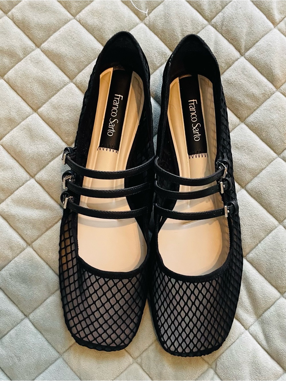 Franco Sarto Black Mesh Triple-Strap Mary Jane Flats NWOT